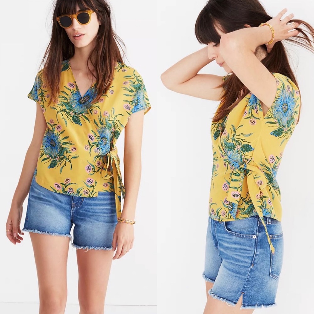 Madewell Silk Side Tie Wrap Top in Yellow Painted Blooms Print size L